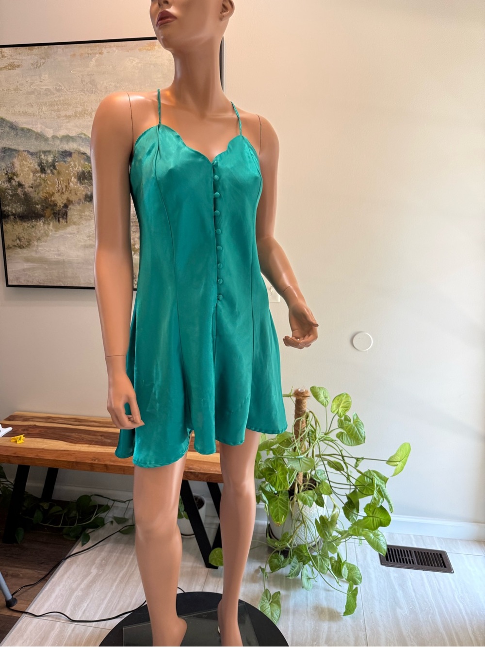 Vintage large satin nightgown, lingerie, button-down scalloped edge